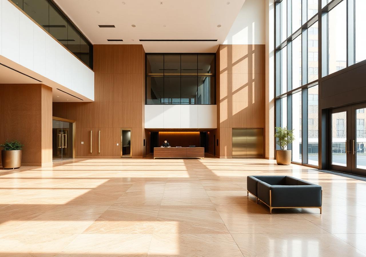 Bond Center lobby interior with stone floors and natural light
