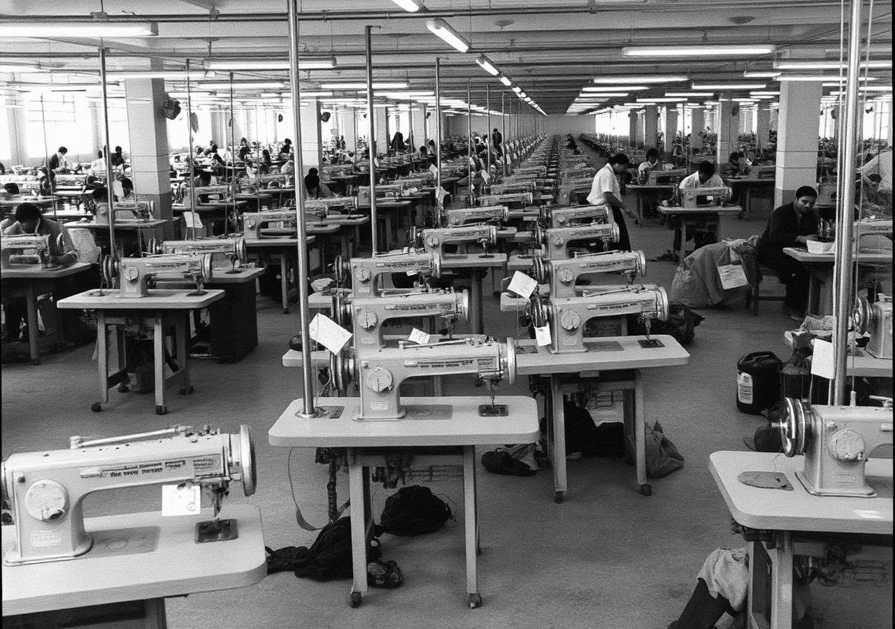 Archival photograph of an early Bangladeshi garment factory floor